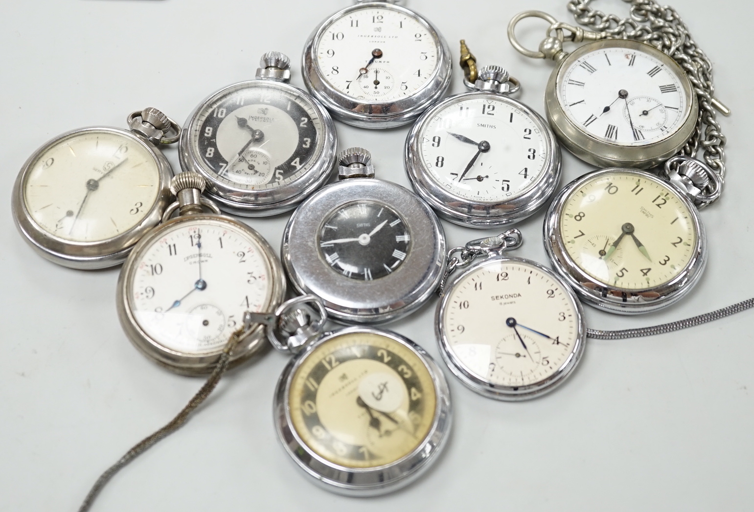 Ten assorted base metal pocket watches including Ingersoll Crown, Sekonda and Smiths.